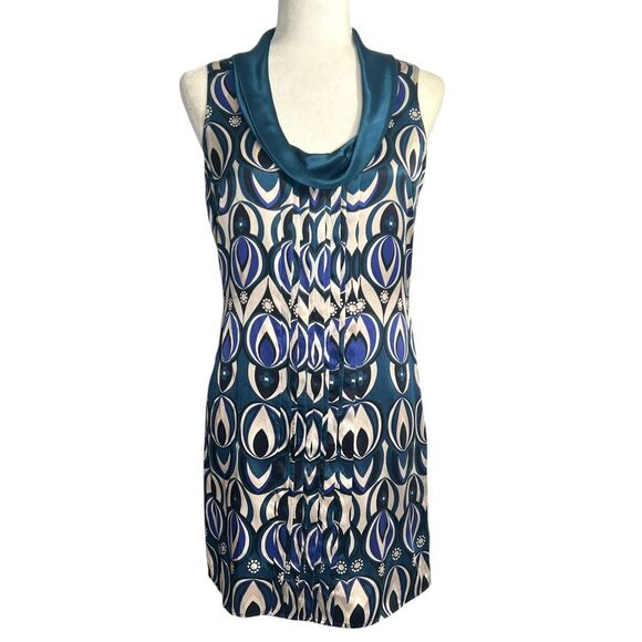 Ted Baker Patterned Silk Cowl Neck Teal Blue Dress Size 2 Small Ted Baker London - Picture 1 of 12